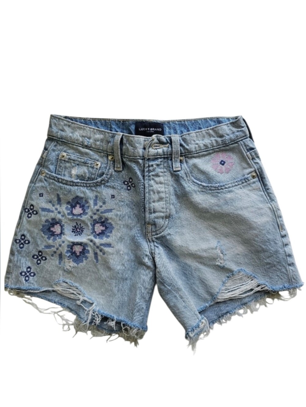 Lucky Brand 90's Midi Demin Embroidered Flowers Button Fly Shorts Size 24 (0)